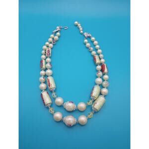 Vintage Double Strand Beaded Choker Necklace Green White Faux Pearl AB Japan
